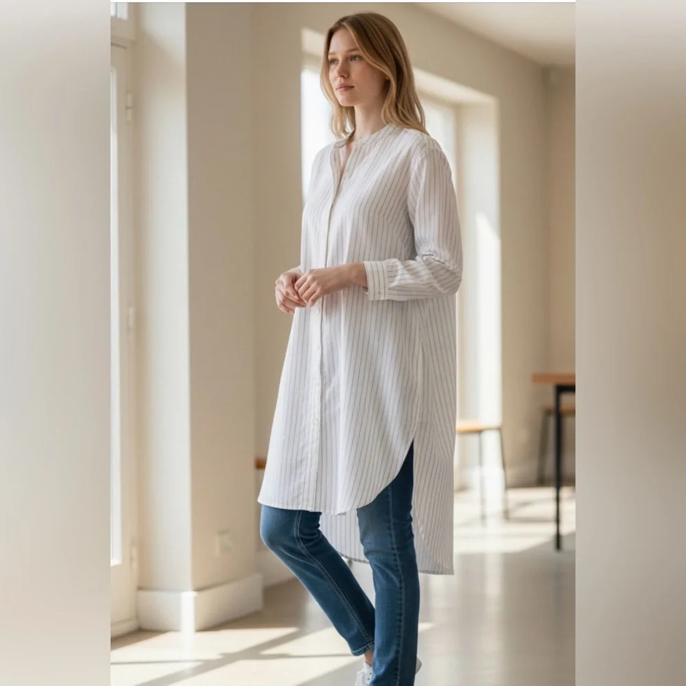 Eileen Fisher Beige and White Striped Shirt never worn size Medium - Picture 1 of 9